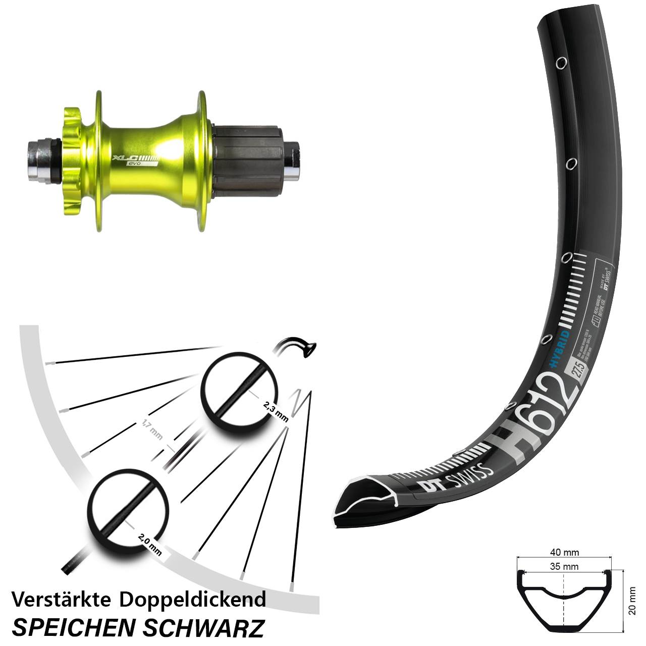 27,5 Zoll DT Swiss H 612 XLC Evo grün Disc Laufrad 12x142 8-11 fach