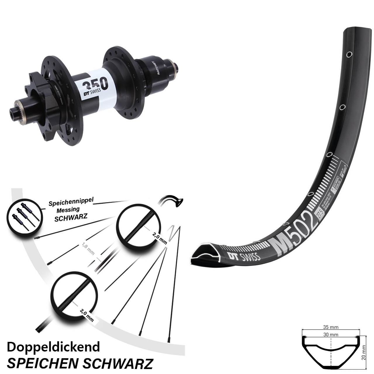 27,5 Zoll DT Swiss M502-350 Disc Hinterrad für Schnellspanner XD
