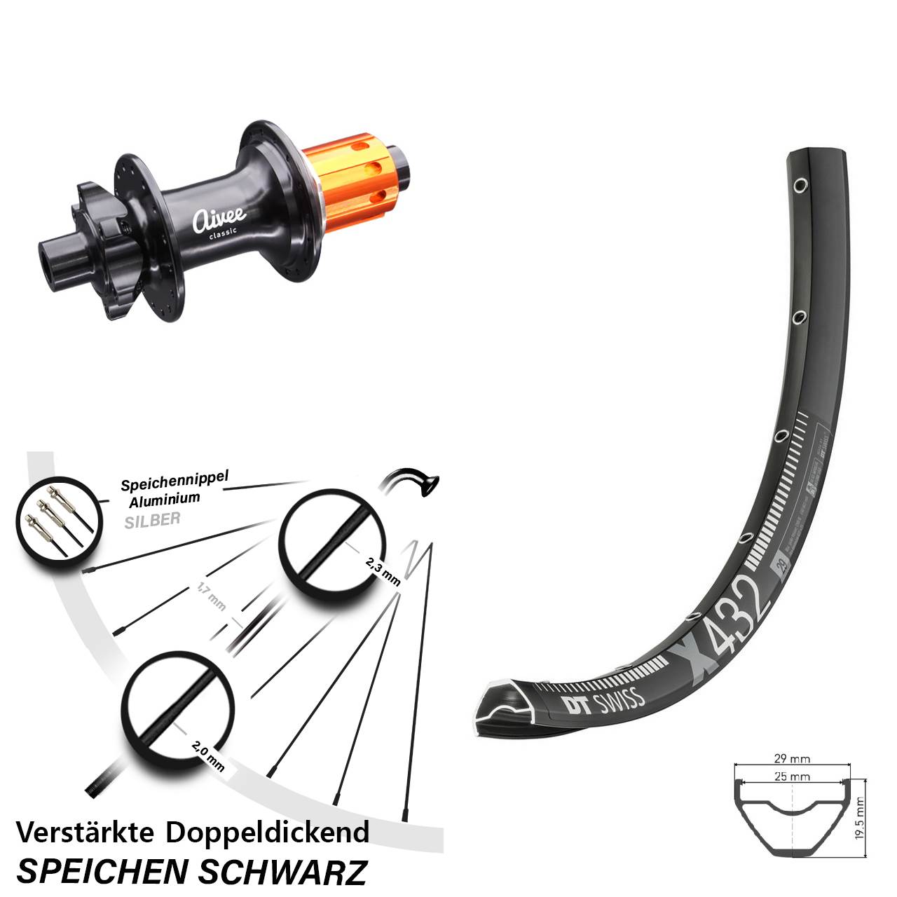 29 Zoll DT Swiss X432 Aivee Classic Hinterrad 6-Loch 12x148 8-12 fach HG
