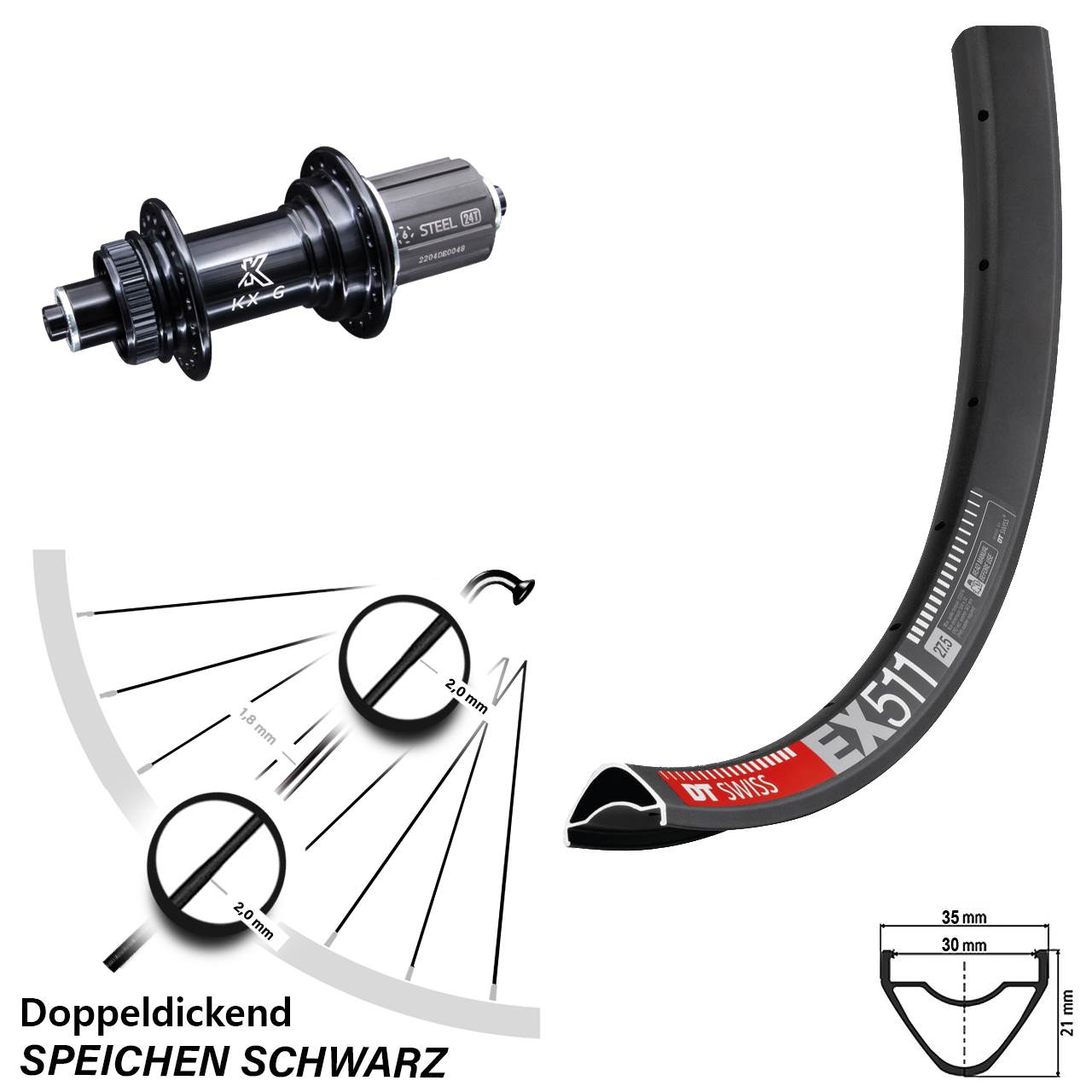 Hinterrad 27,5 Zoll DT Swiss EX511 KX-GS Heavy Duty 5x135 Centerlock 8-12 fach HG
