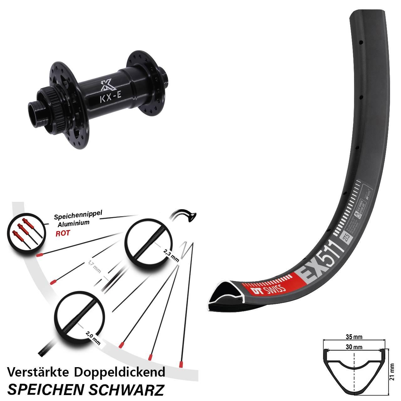 27,5 Zoll DT Swiss EX511 KX-E Heavy Duty Vorderrad Centerlock 15x110 Boost