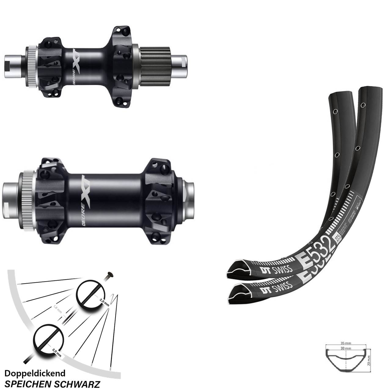 Laufradsatz 27,5 Zoll Shimano XT Boost Straightpull mit DT Swiss E532 Felge 30 mm