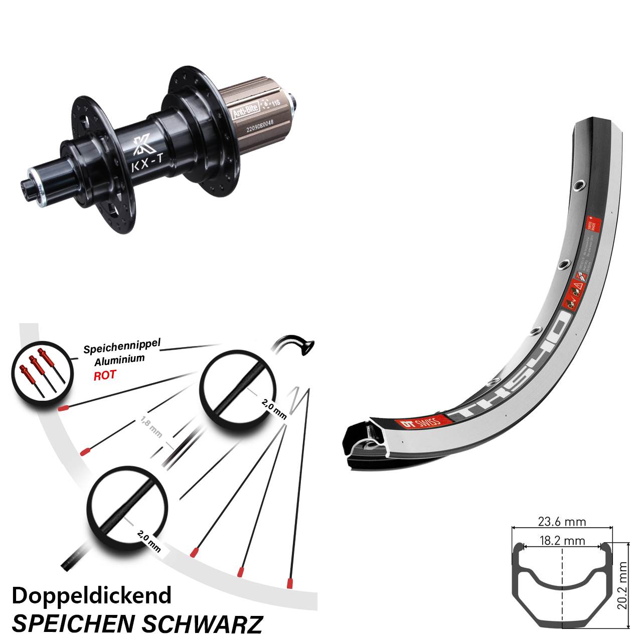 28 Zoll Hinterrad DT Swiss TK 540 Felgenbremse KX-T Nabe 135 mm schwarz 8-11 fach
