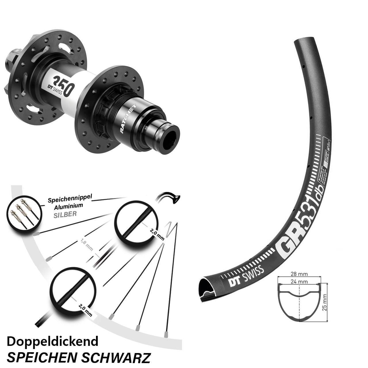 DT Swiss GR531-350 27,5 Zoll 6-Loch Hinterrad 12x142 SRAM XD