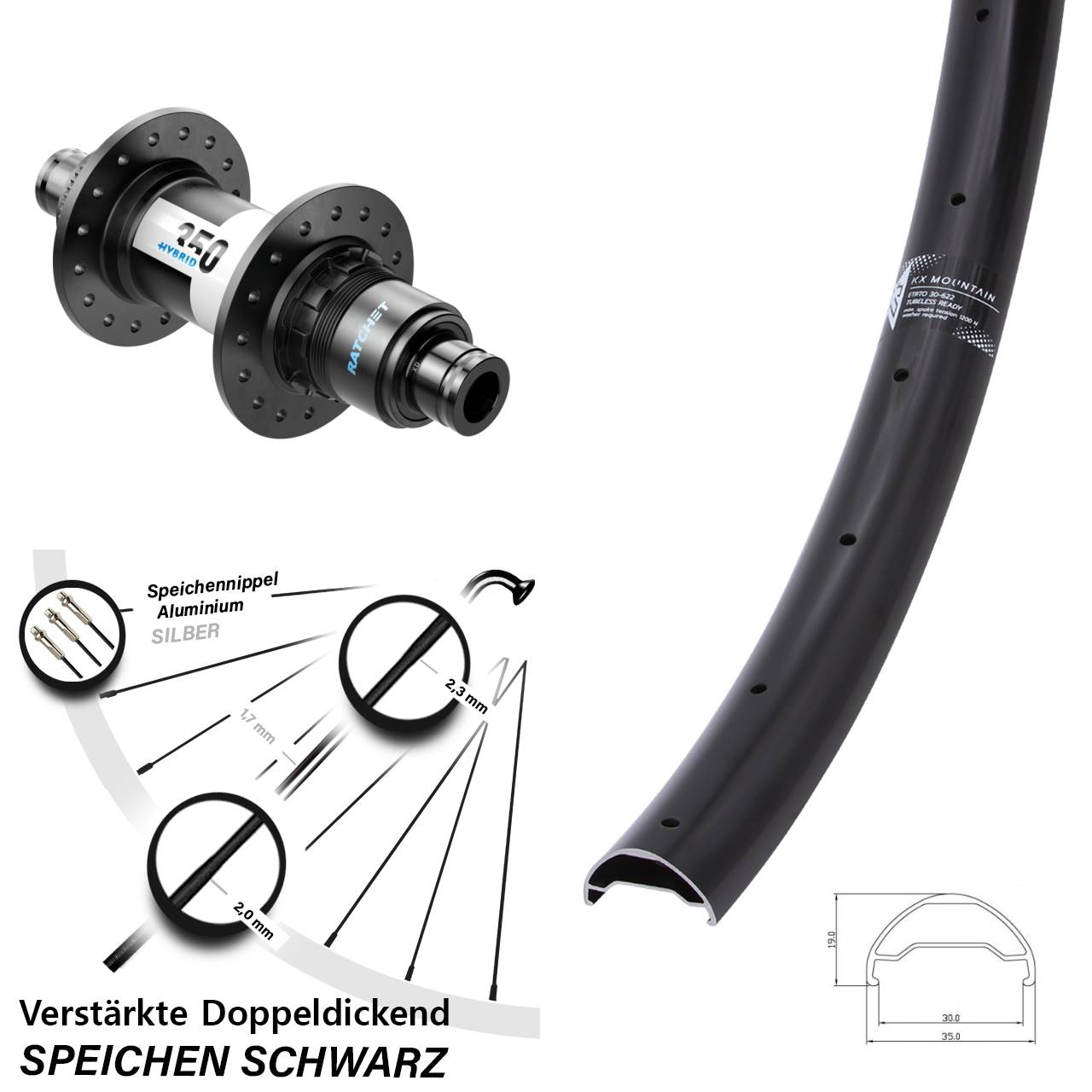 Hinterrad Centerlock 29 Zoll KX Mountain DT Swiss 350 Hybrid XD 12x148 Boost