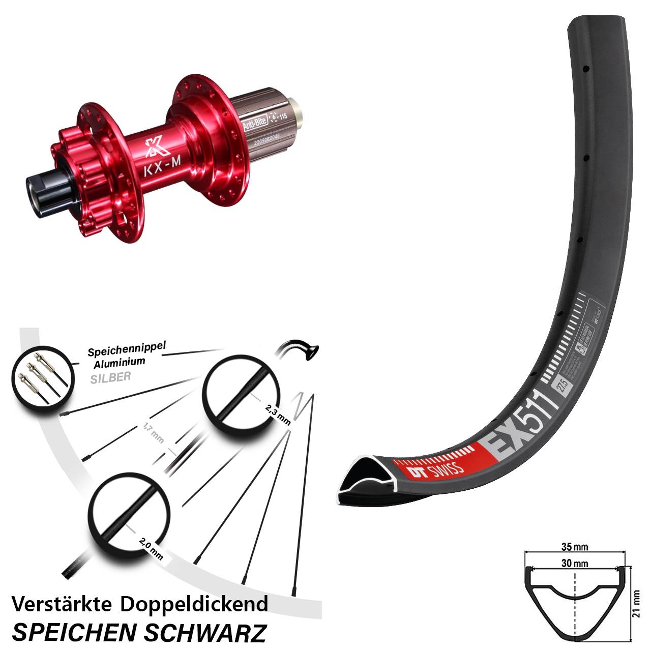 6-Loch Hinterrad 29 Zoll DT Swiss EX 511 KX-M rot 8-12 fach 12x142