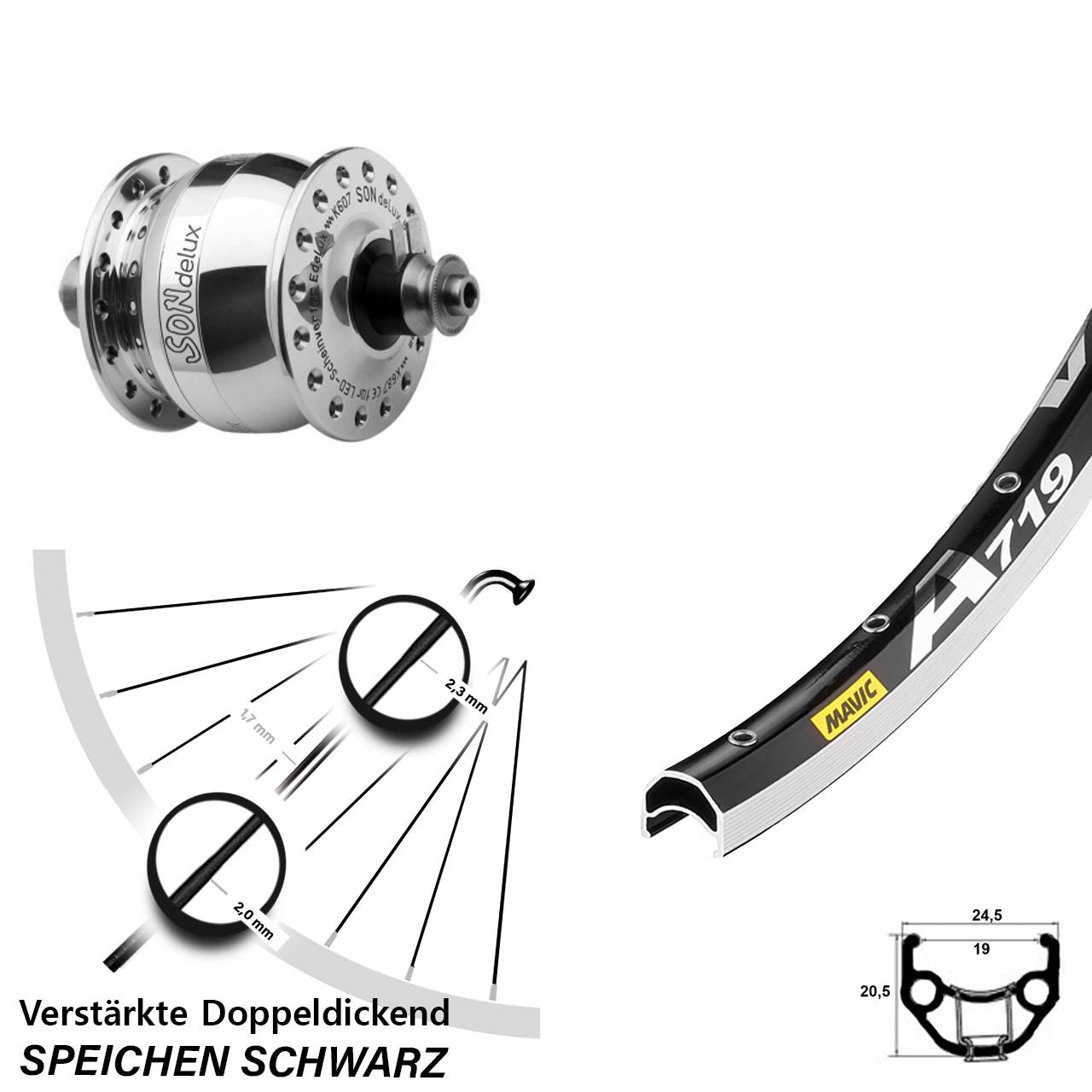 Nabendynamolaufrad 28 Zoll Mavic A 719 SONdelux poliert QR