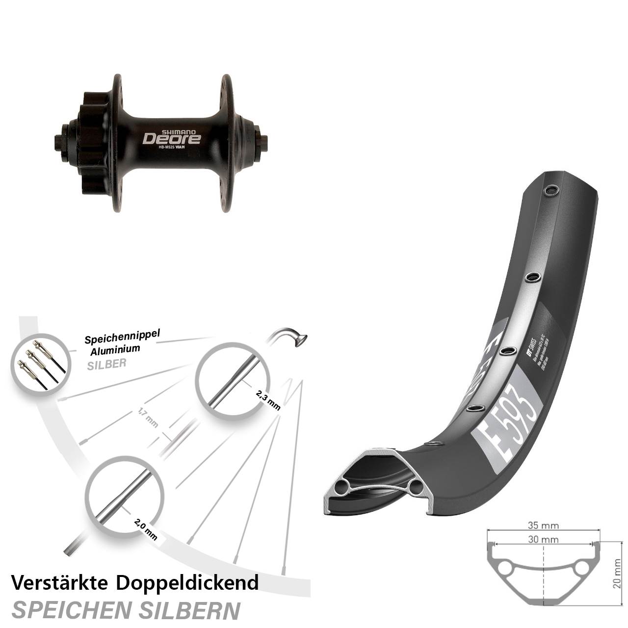 6-Loch Vorderrad 29 Zoll DT Swiss E 593 Shimano Deore HB-M525 für Schnellspanner