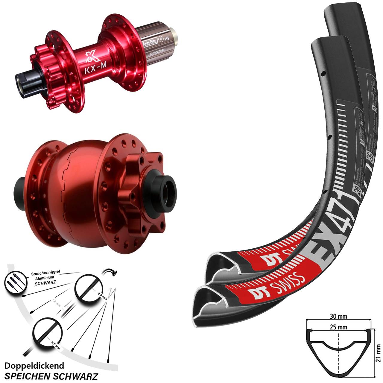 29 Zoll DT Swiss EX471 KX-M rot SON 28 6-Loch Laufradsatz 15x100 12x142 8-12 fach