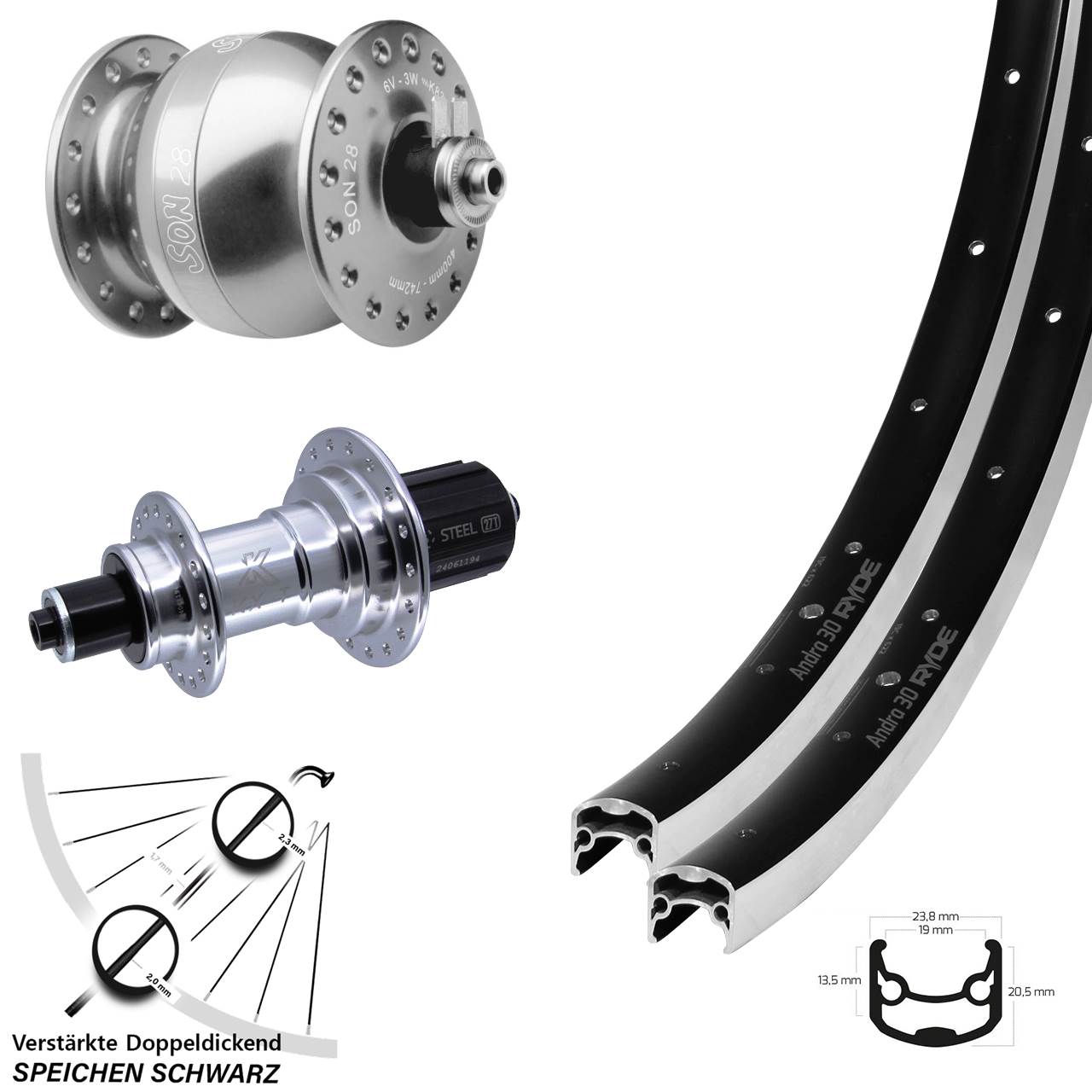 26 Zoll Ryde Andra 30 KX-TS Heavy Duty SON 28 Laufradsatz für Schnellspanner 8-12 fach