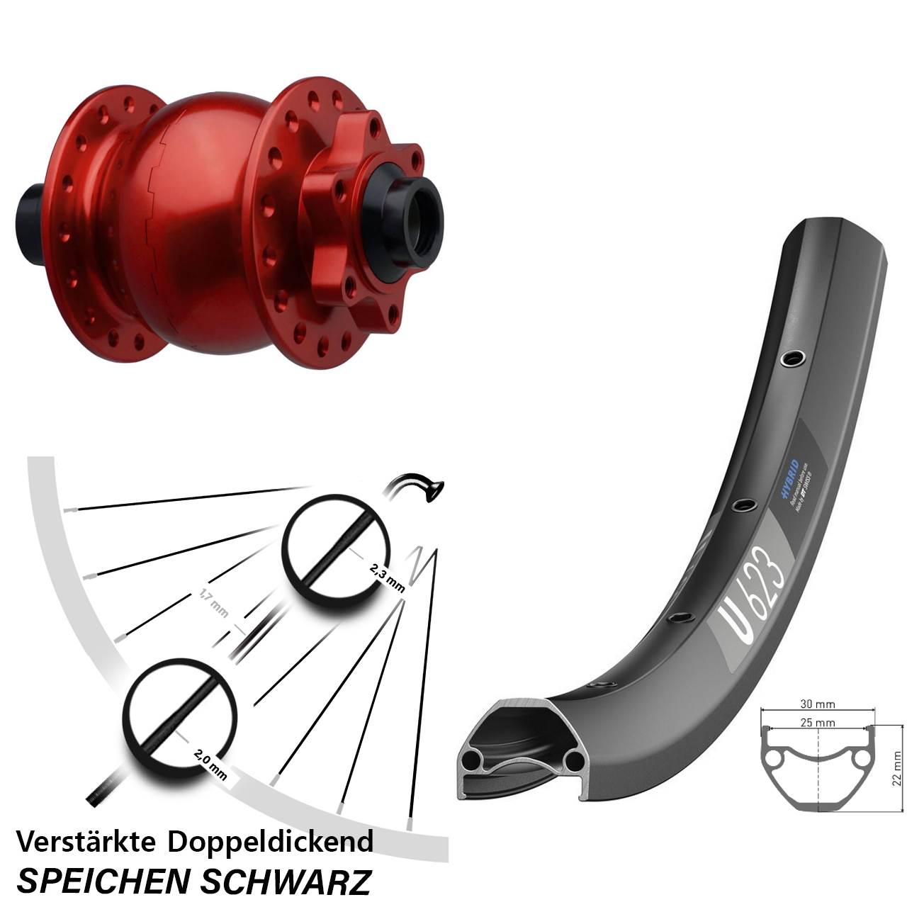 SON 28 rot DT Swiss U623 28 Zoll Disc Vorderrad mit Nabendynamo 15x110 Boost