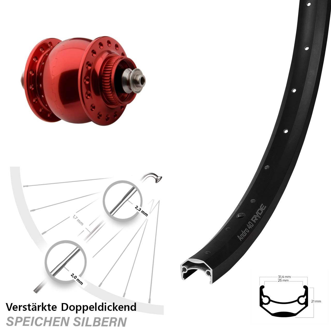 20 Zoll Ryde Andra 40 SON 28 rot Disc Nabendynamovorderrad für Schnellspanner