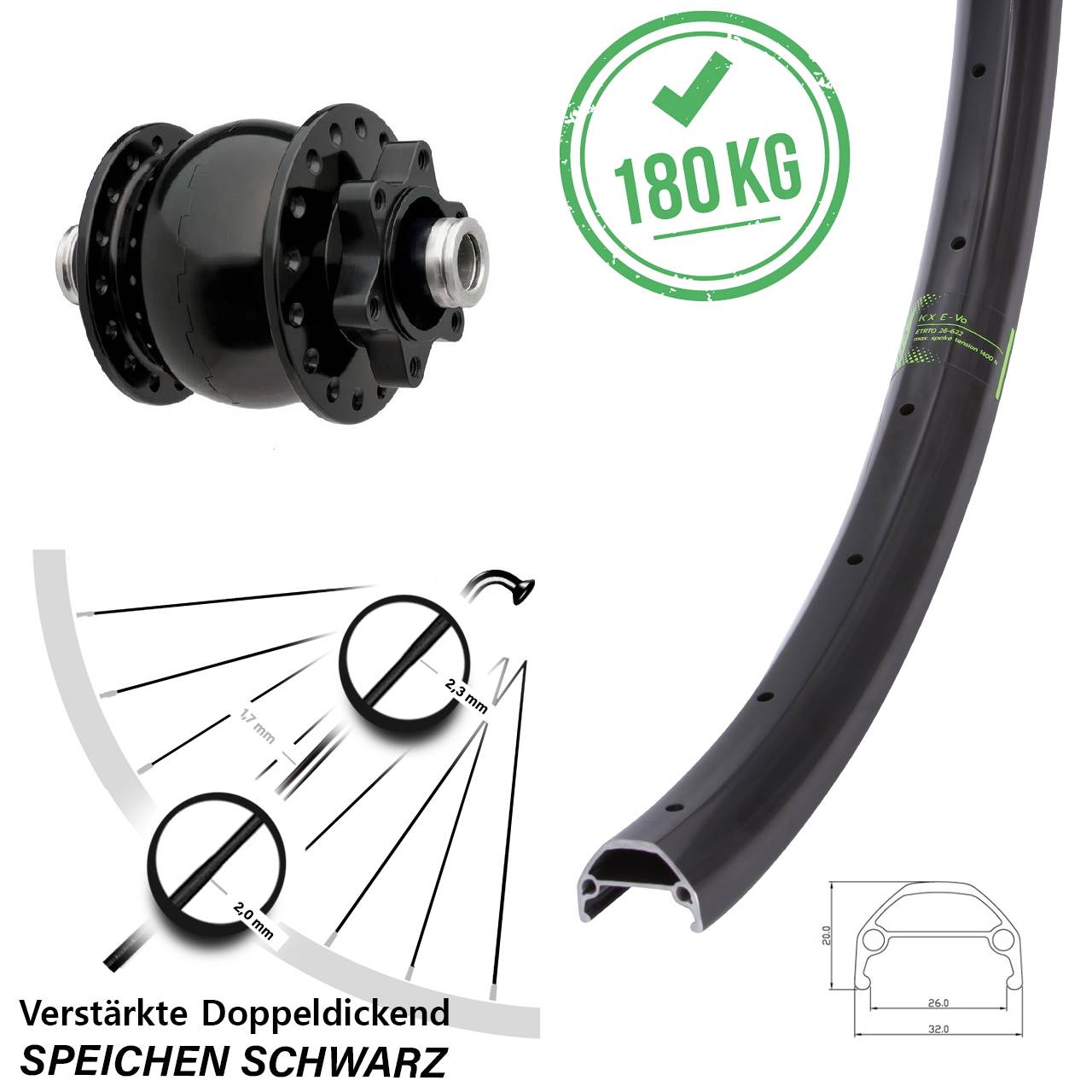 Vorderrad 26 Zoll KX Evo SON 28 12x100 6-Loch schwarz