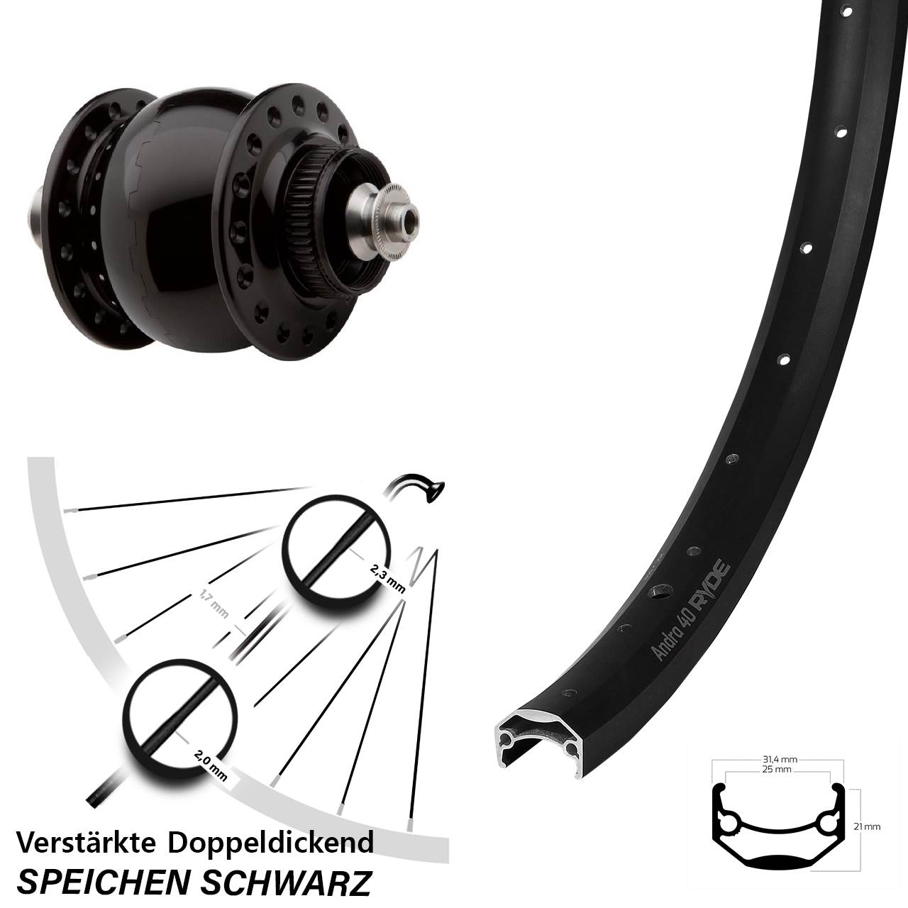 Disc Nabendynamo-Laufrad 27,5 Zoll Ryde Andra 40 SON 28 QR