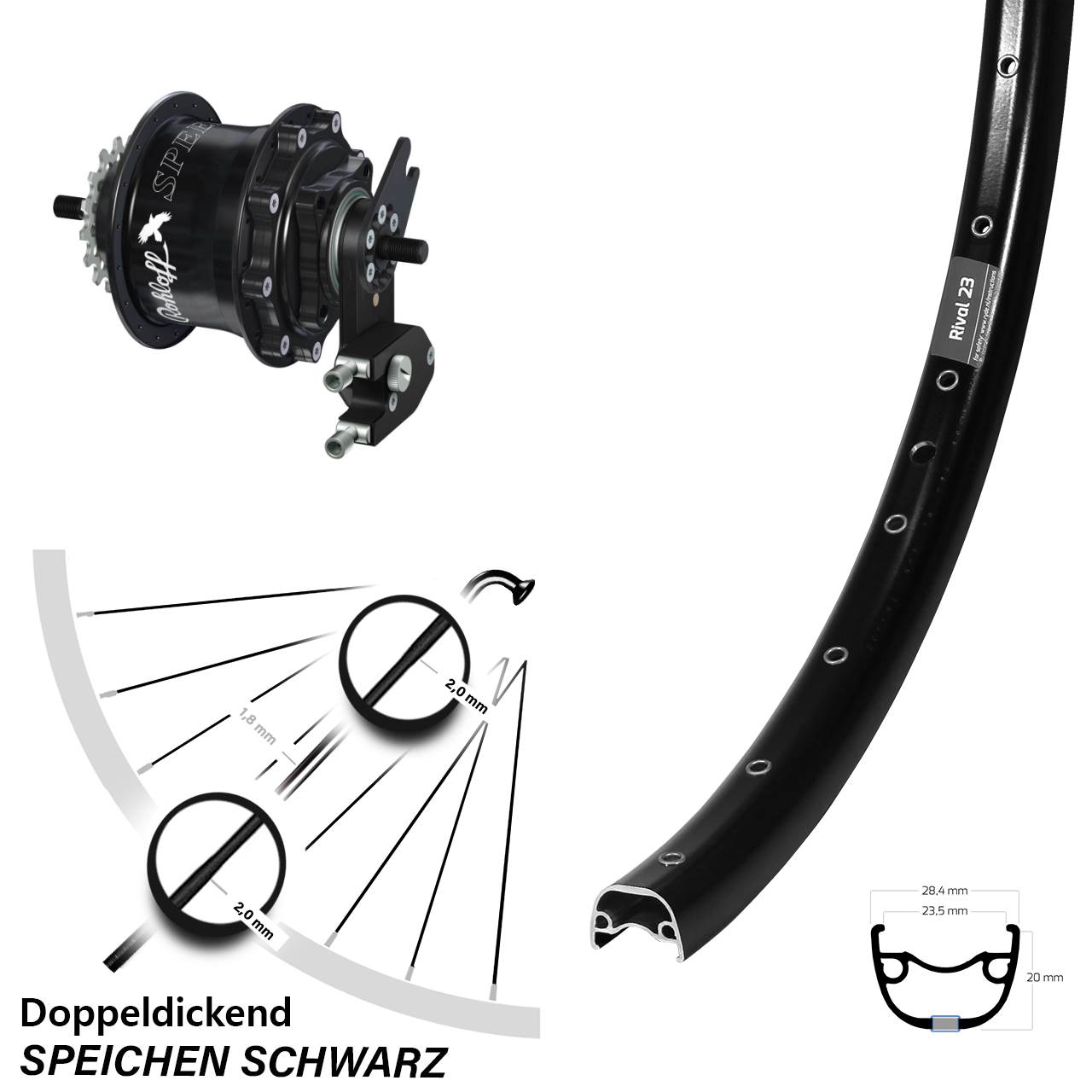 Hinterrad 27,5 Zoll Ryde Rival 23 Disc schwarz Rohloff Speedhub 500/14 TS DB OEM2 Tandem