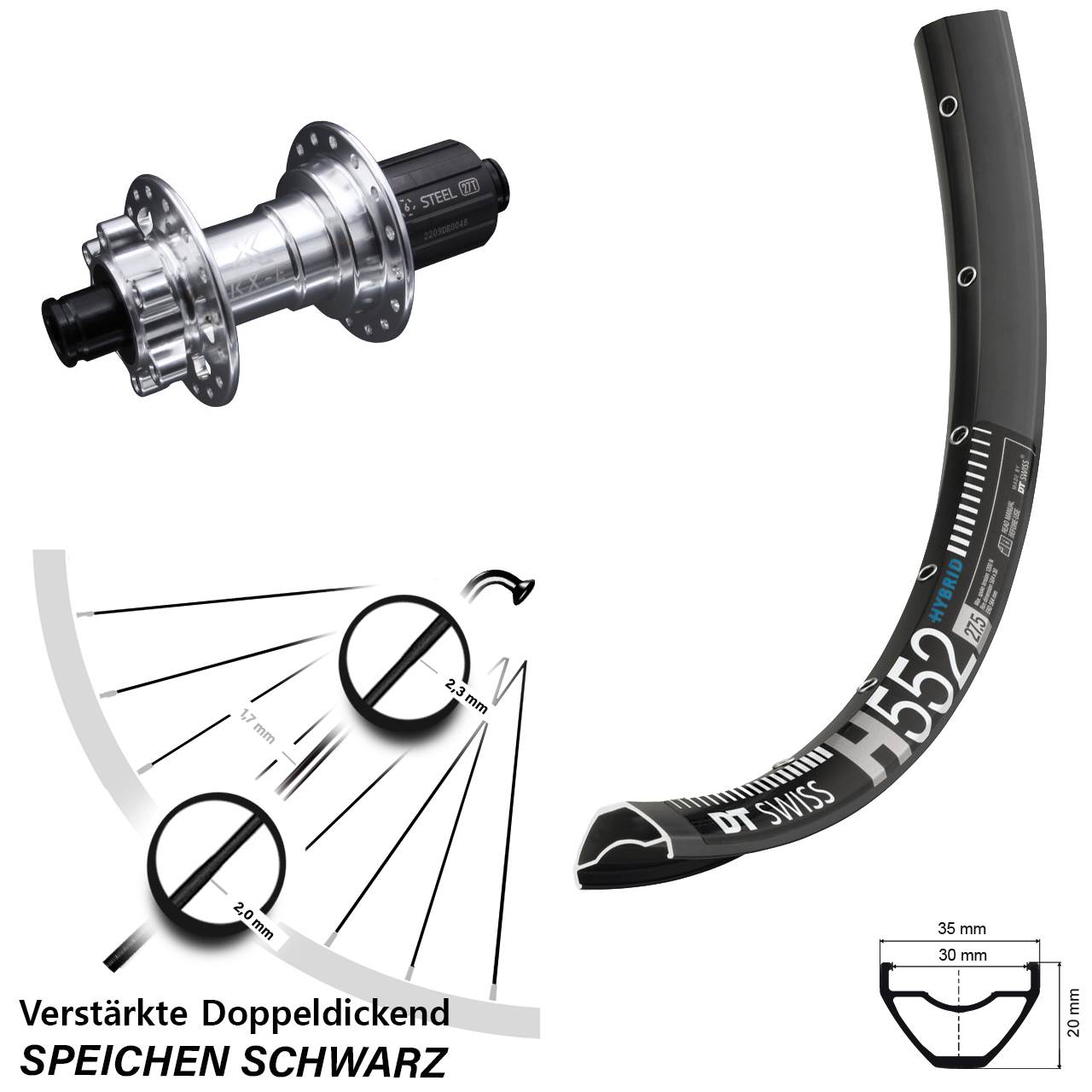 29 Zoll DT Swiss H552 KX-E verstärkt Disc Laufrad 12x142 8-12 fach HG