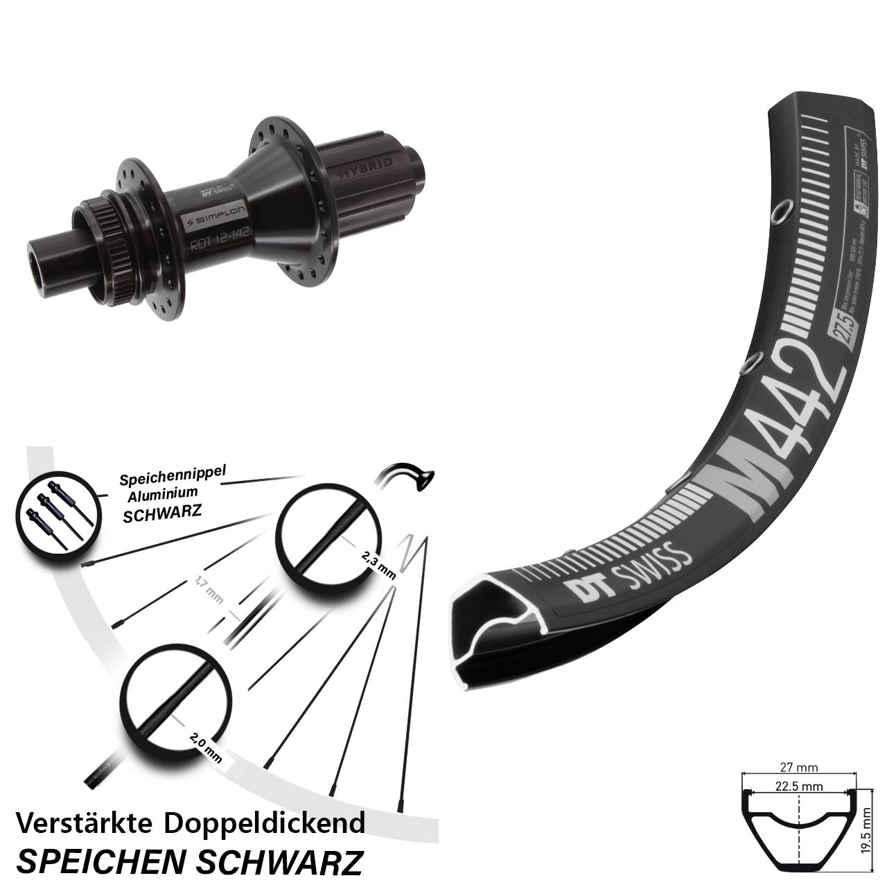 Hinterrad Centerlock 28 Zoll DT Swiss M442-370 Hybrid 8-11 fach 12x142