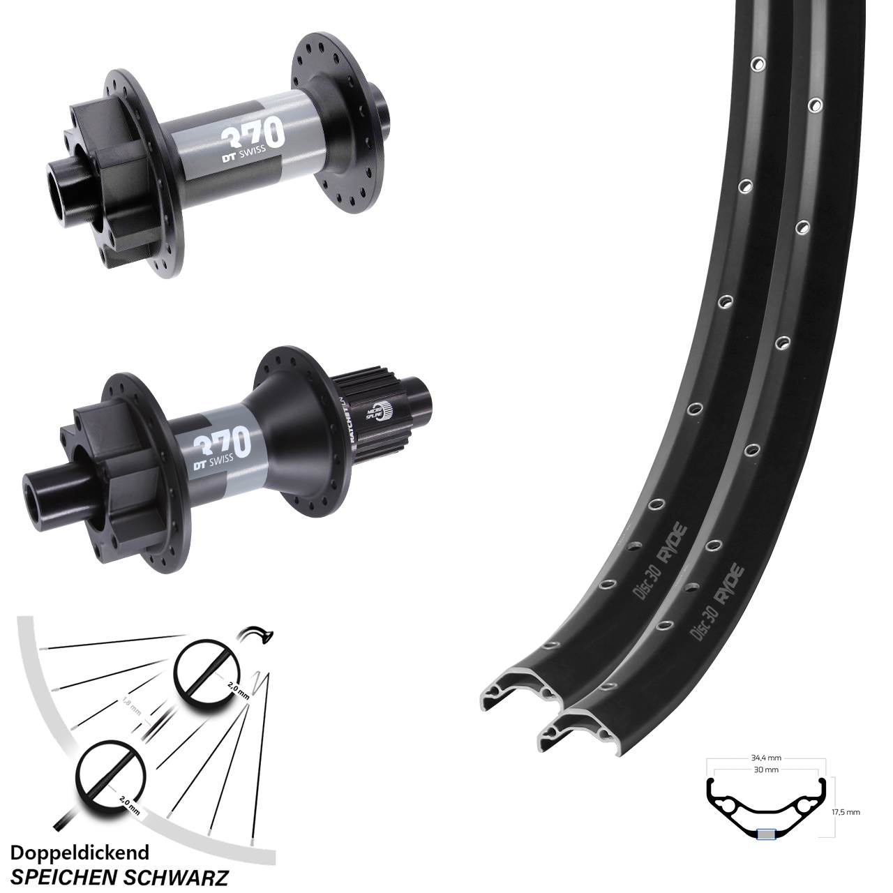 29 Zoll Ryde Disc 30 DT Swiss 370 Laufradsatz 6-Loch 15x110 12x148 Micro Spline