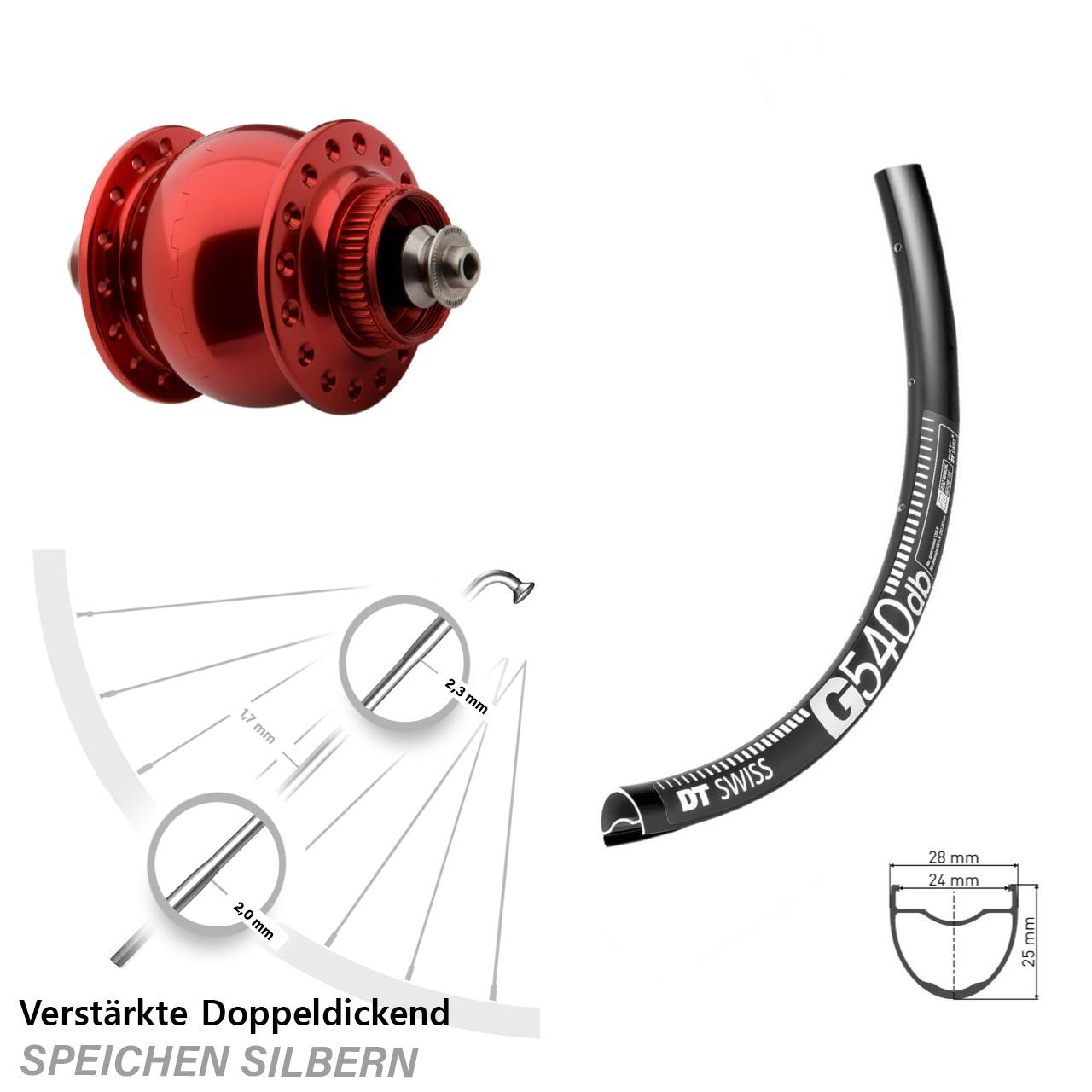 Centerlock Vorderrad mit Dynamo 29 Zoll DT Swiss G540 SON 28 rot für Schnellspanner
