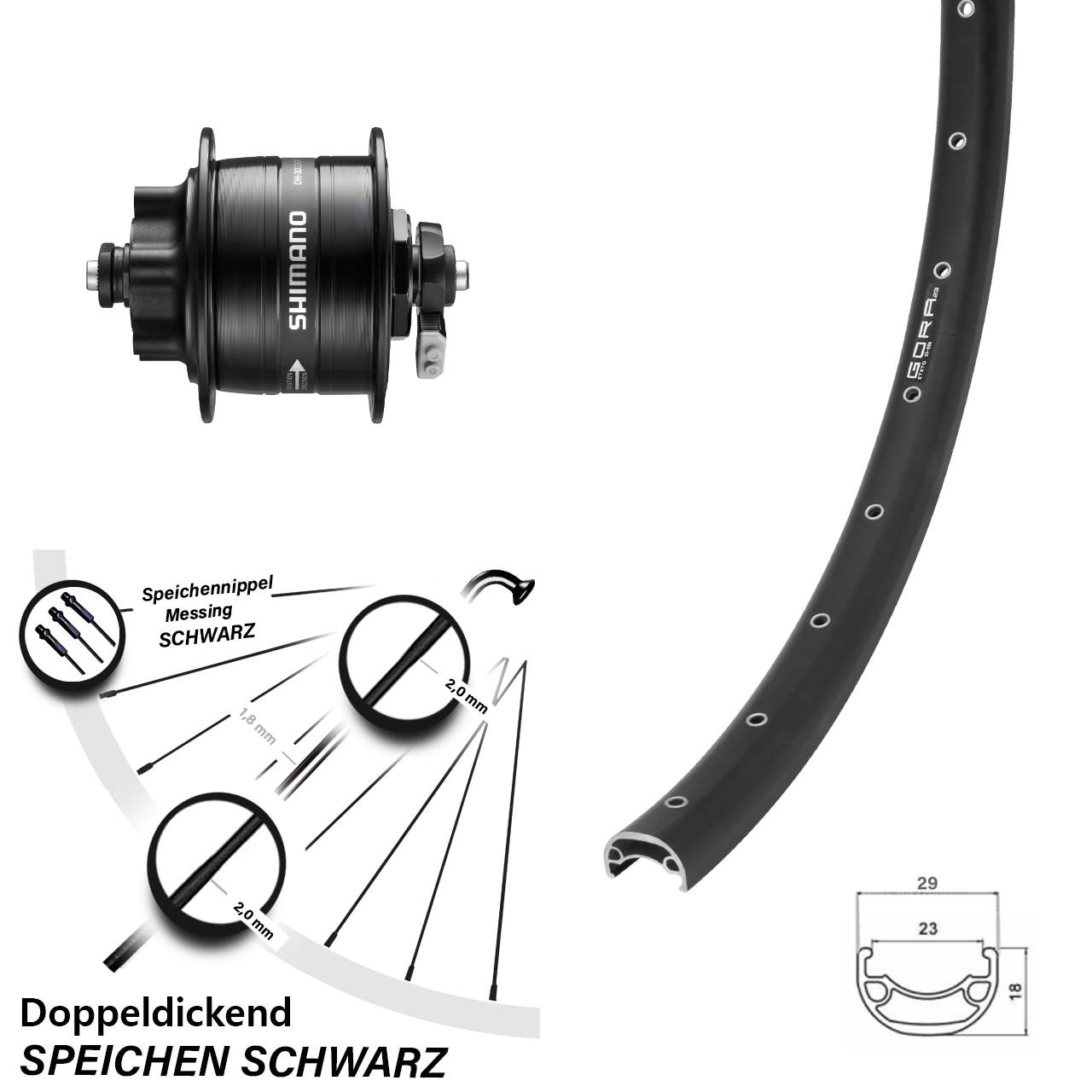 Gora 23 Shimano DH-3D32 26 Zoll 6-Loch Nabendynamo-Vorderrad QR