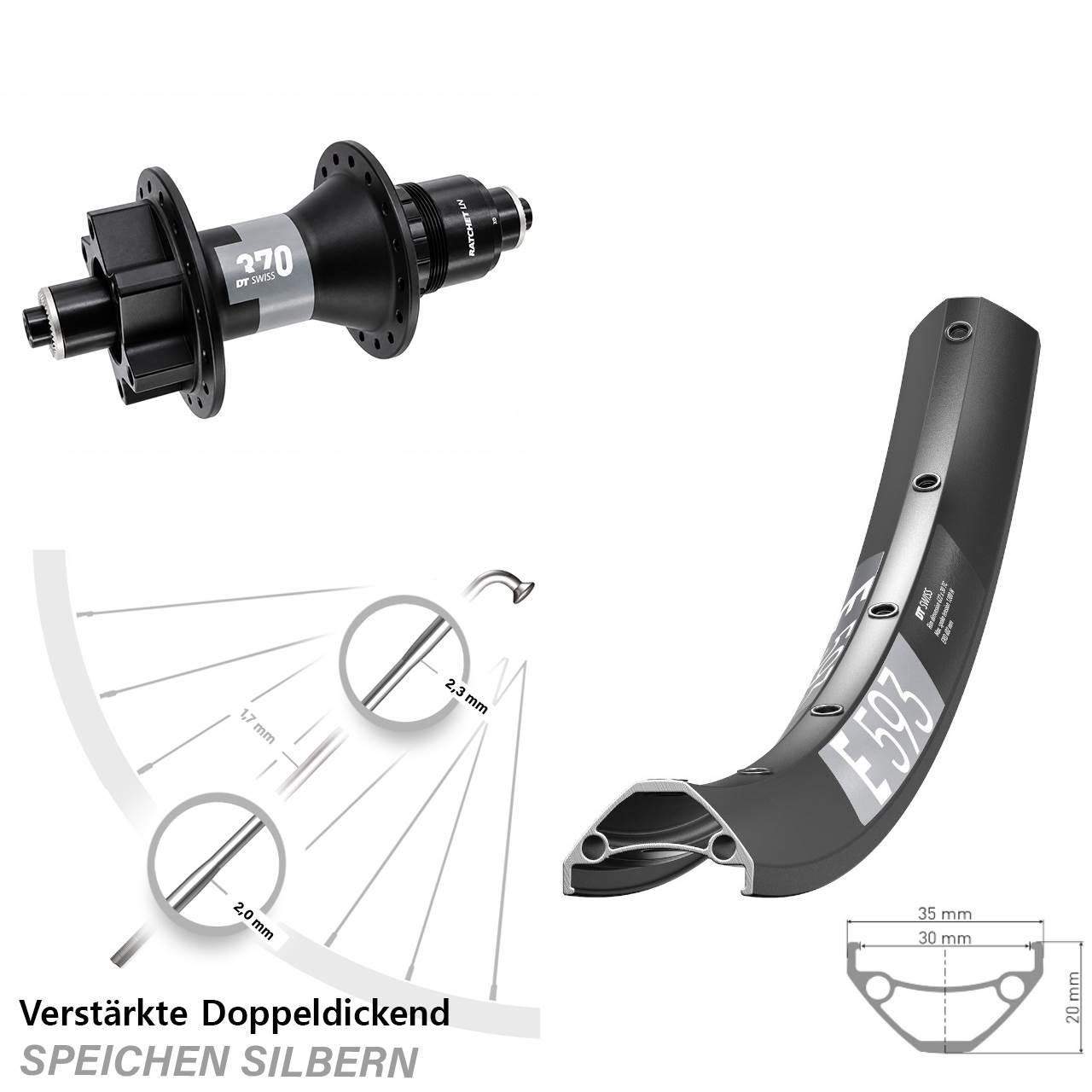 DT Swiss E593-370 29 Zoll 6-Loch Hinterrad für Schnellspanner SRAM XD