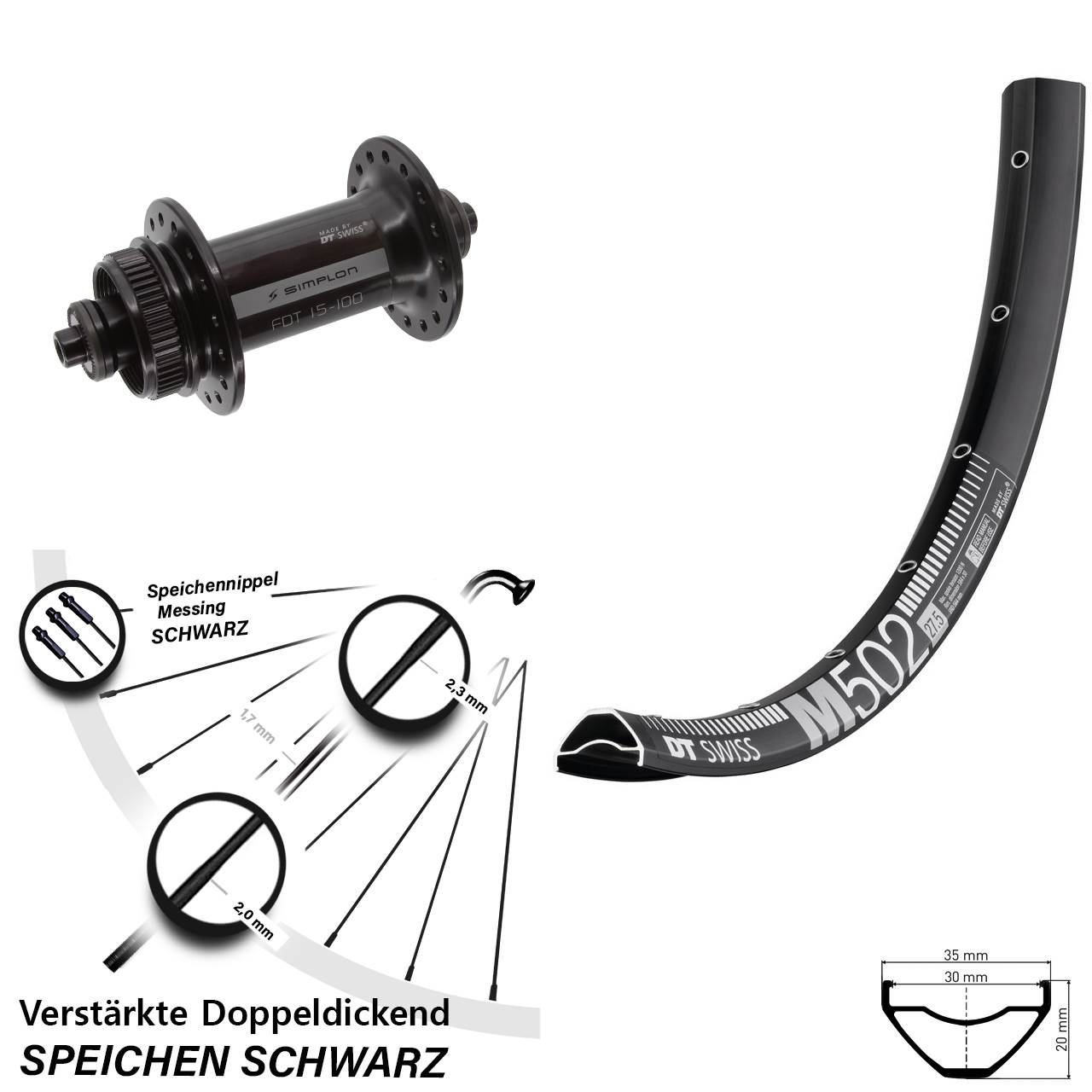 Vorderrad Centerlock für Schnellspanner 27,5 Zoll DT Swiss M502-370