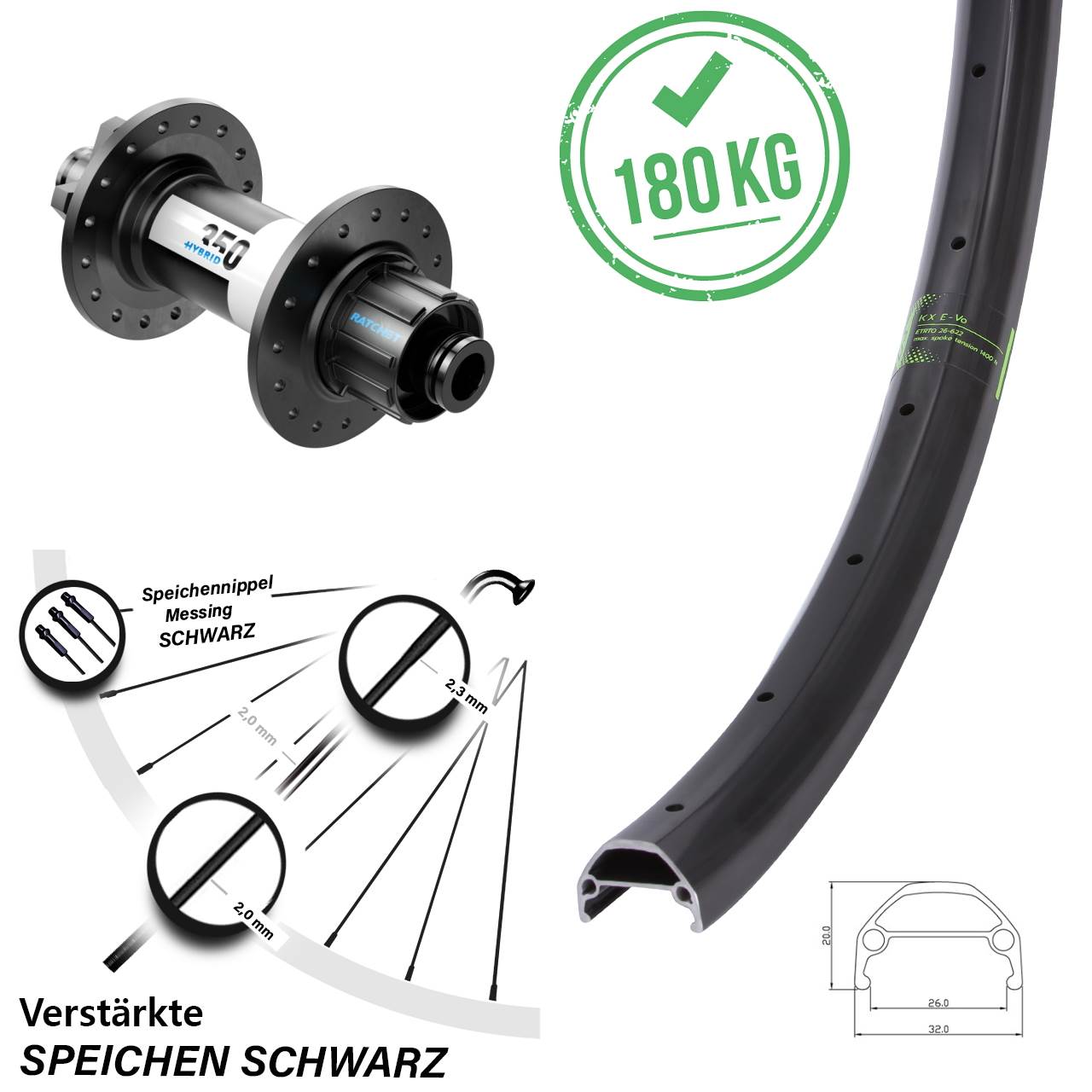 Laufrad 20 Zoll KX Evo DT Swiss 350 Hybrid Singlespeed 12x142 6-Loch