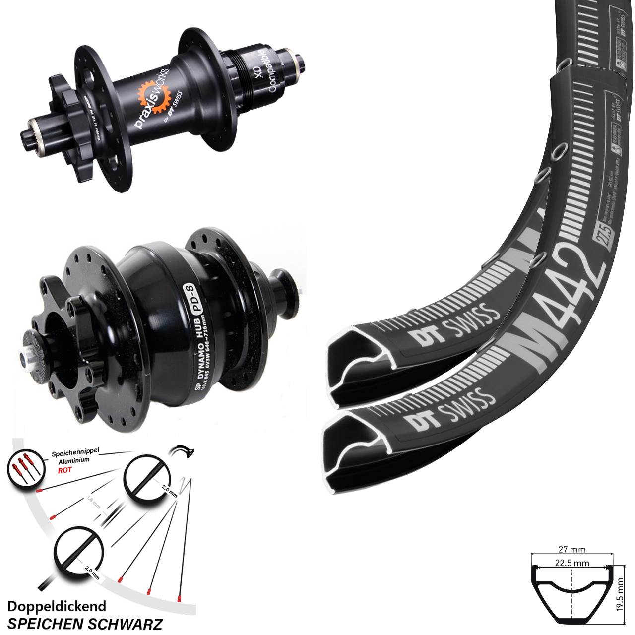 28-29 Zoll DT Swiss M 442-350 Shutter PD-8 Disc 6-Loch Laufradsatz für Schnellspanner XD