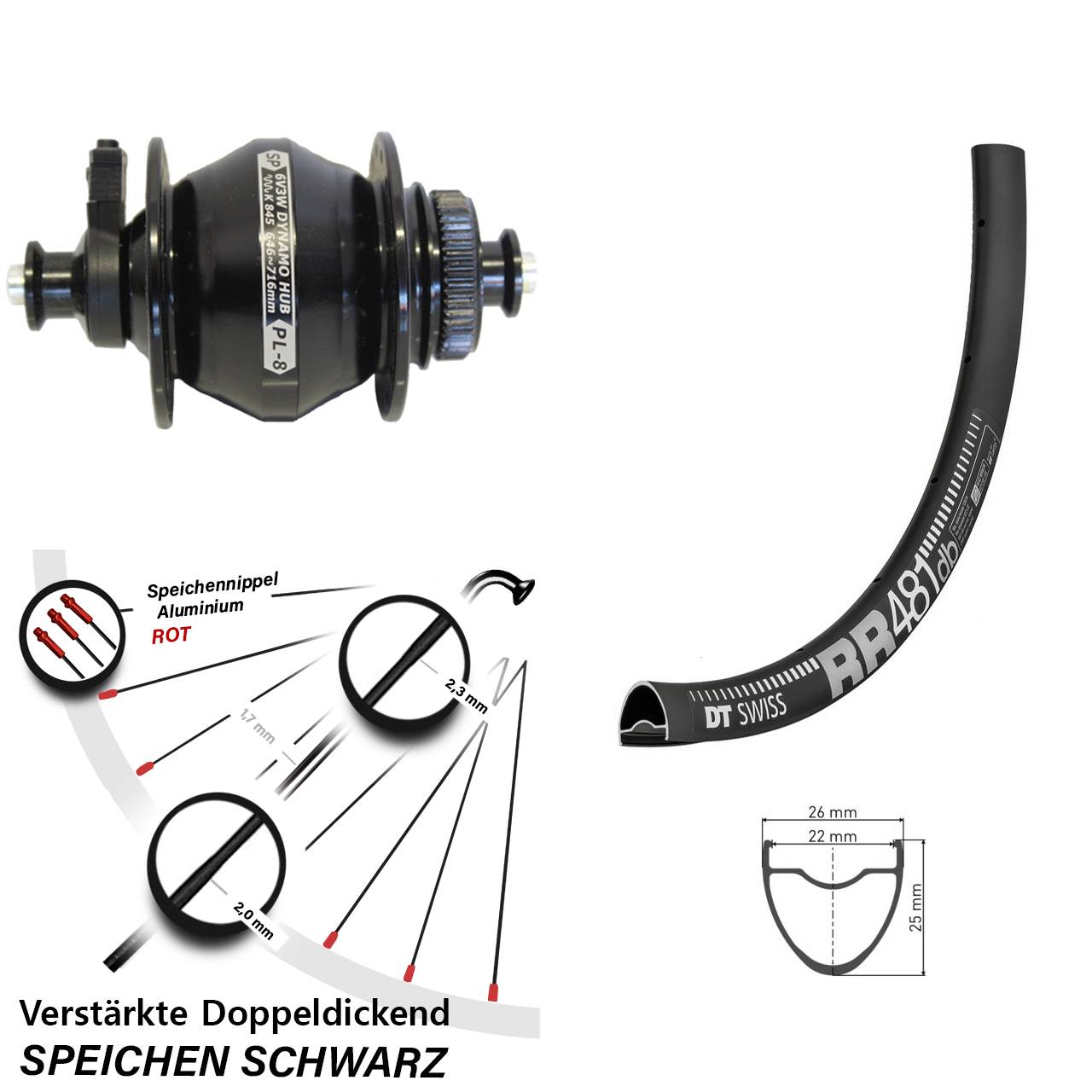 DT Swiss RR 481 Shutter PL-8 28 Zoll Nabendynamovorderrad Centerlock QR