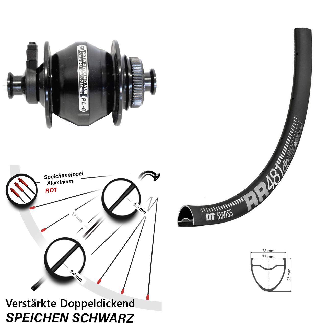 DT Swiss RR 481 Shutter PL-8 28 Zoll Nabendynamovorderrad Centerlock QR