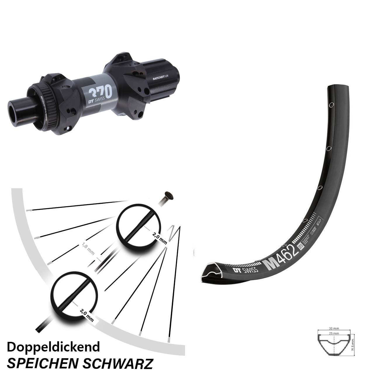 29 Zoll DT Swiss M 462-370 Straightpull Hinterrad Centerlock 12x148 8-11 fach