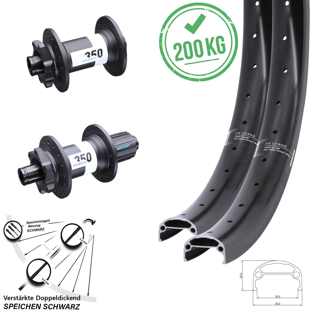 20 Zoll KX Cargo DT Swiss 350 Hybrid 6-Loch Laufradsatz 15x110 12x148 8-11 fach