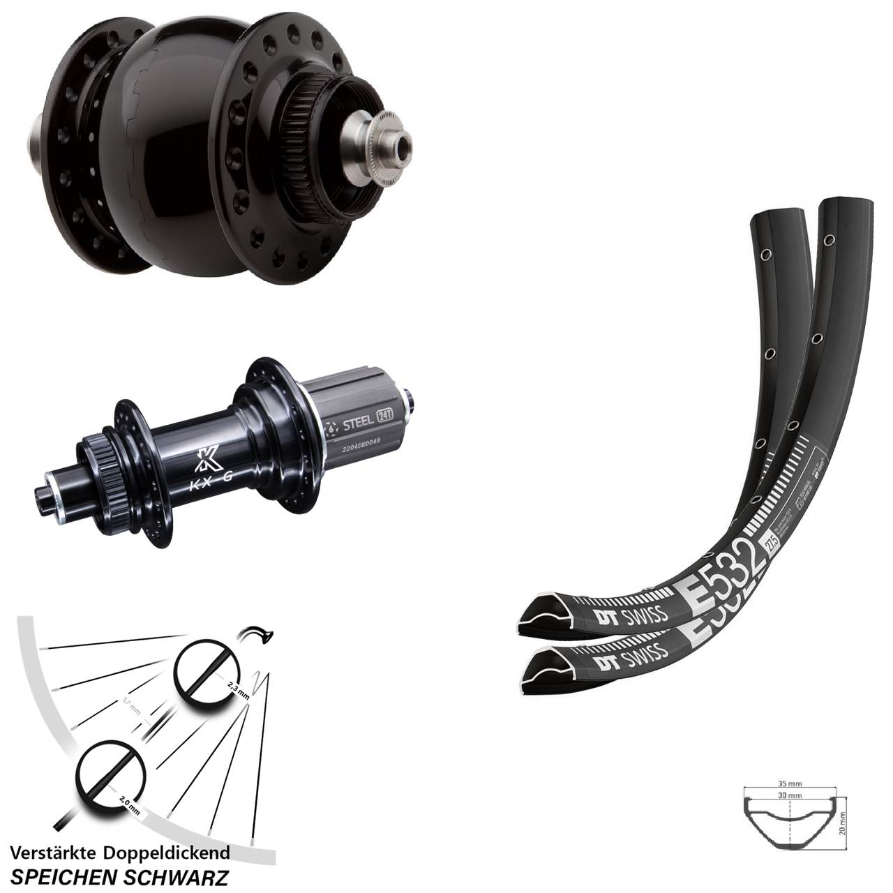 29 Zoll DT Swiss E 532 KX-GS verstärkt SON 28 Laufradsatz für Schnellspanner 8-12 fach HG