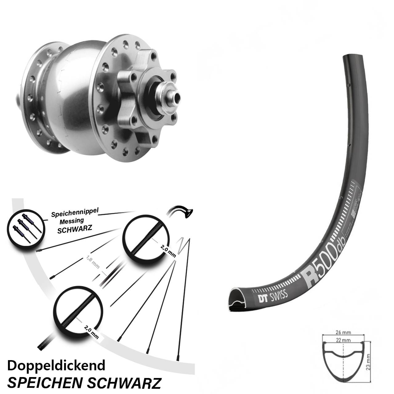 Disc Vorderrad mit Nabendynamo 28-29 Zoll DT Swiss R 500 SON 28 für Schnellspanner