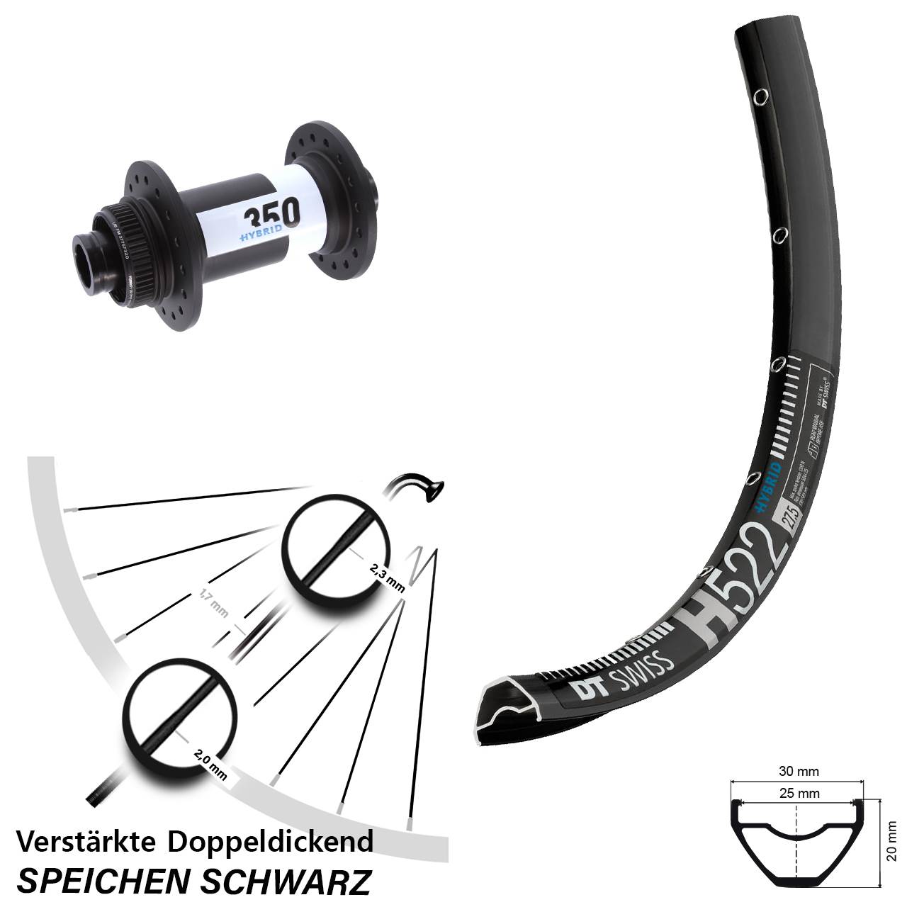 29 Zoll Vorderrad H 522 DT Swiss 350 Hybrid Boost 15x110 mm Centerlock verstärkt E-Bike