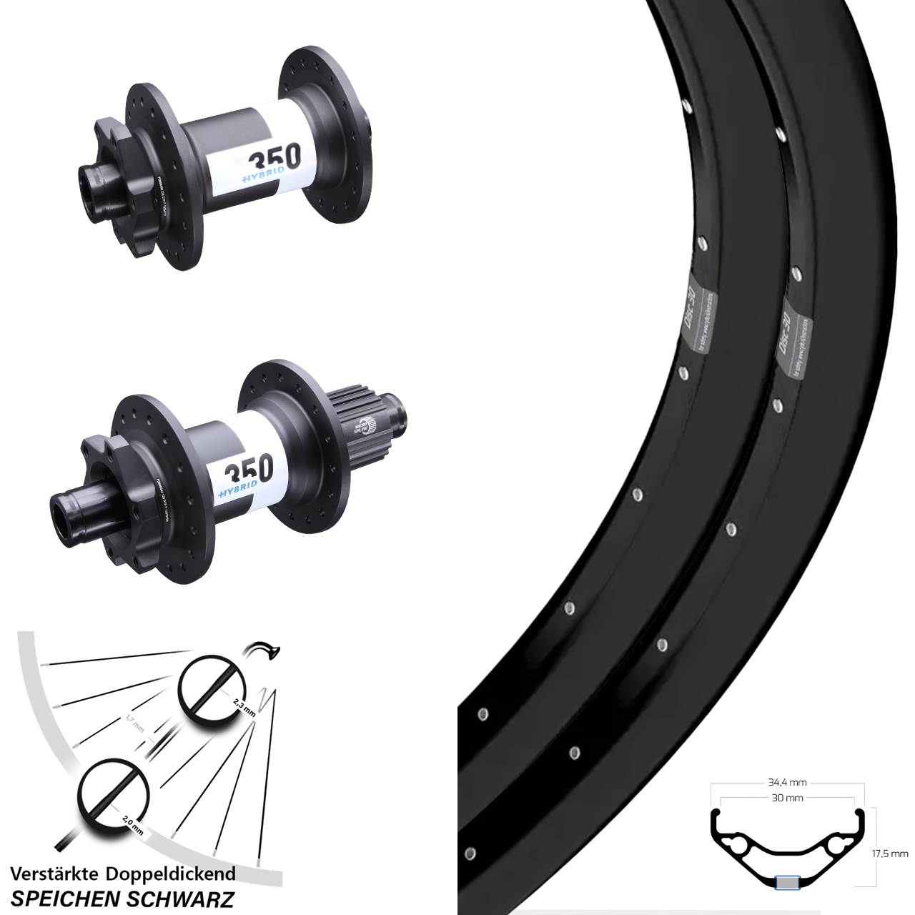 29 Zoll Ryde Disc 30 DT Swiss 350 Hybrid Laufrad-Satz 15x110 12x148 Shimano Micro Spline