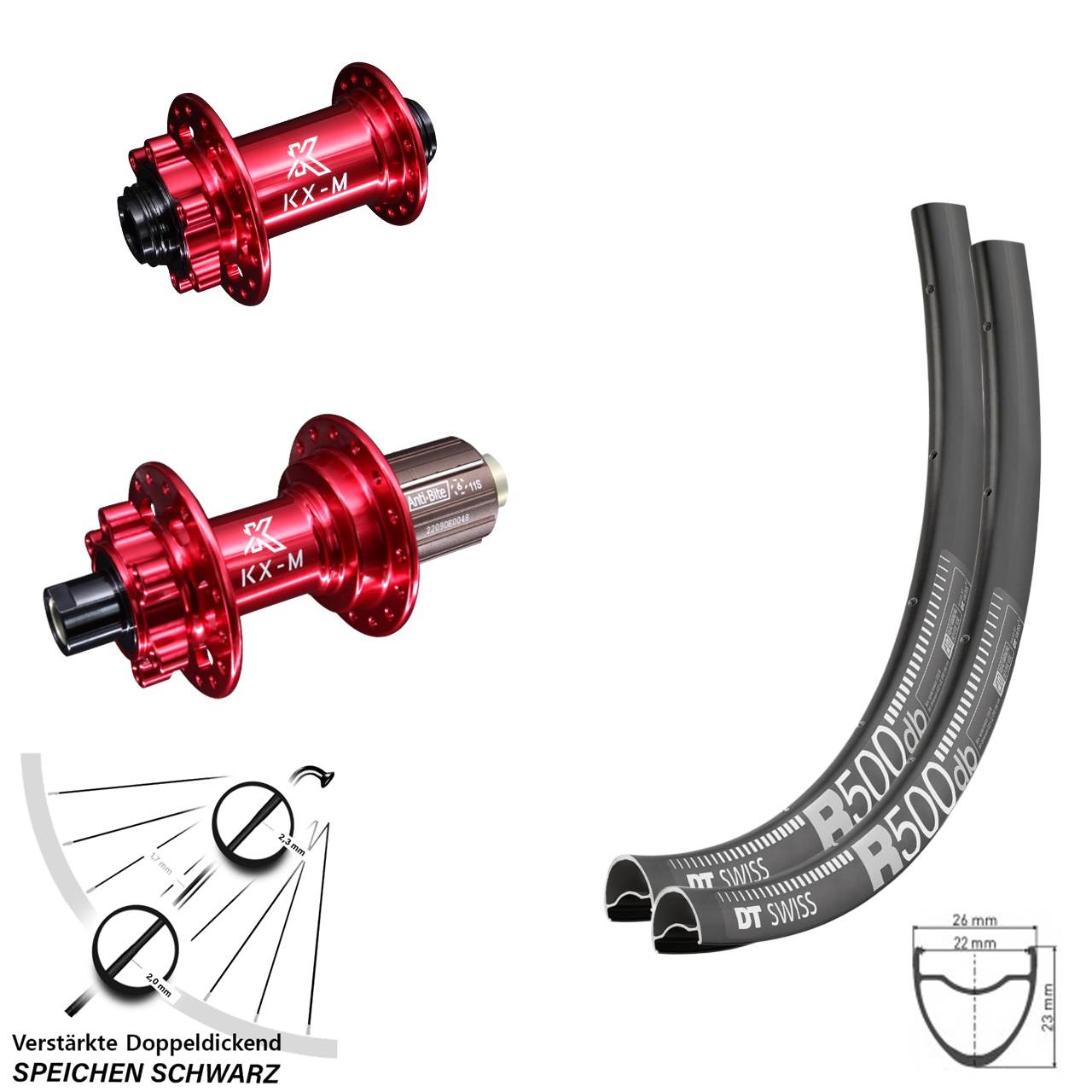 29 Zoll DT Swiss R 500 KX-M rot 6-Loch Laufradsatz 12x100/142 8-12 fach