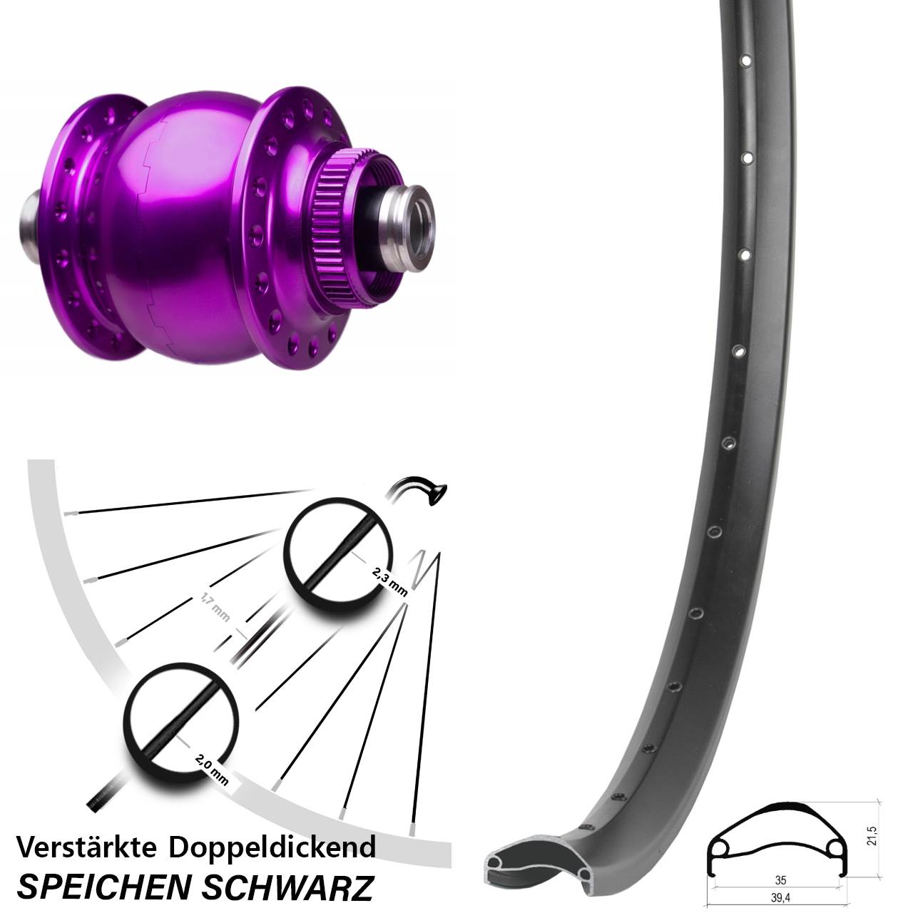 Nabendynamovorderrad Centerlock 12x100 27,5 Zoll Ambrosio E35 SON 28 violett