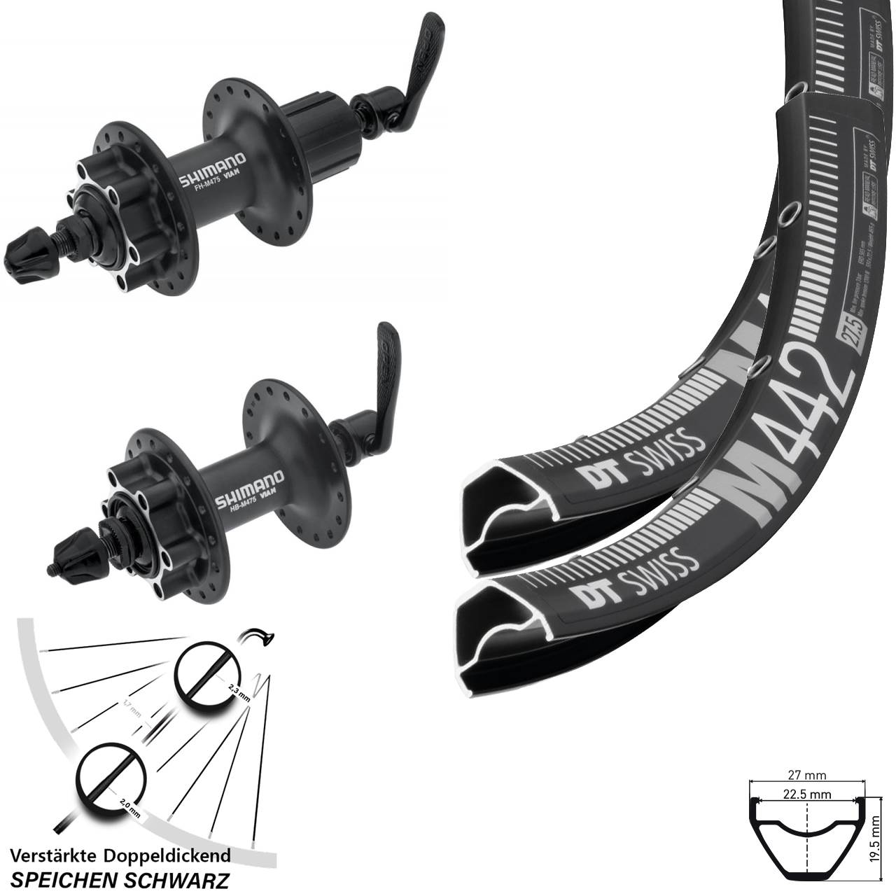 28-29 Zoll DT Swiss M442 Shimano HB-M475 FH-M475 6-Loch Laufradsatz QR 8-11 fach