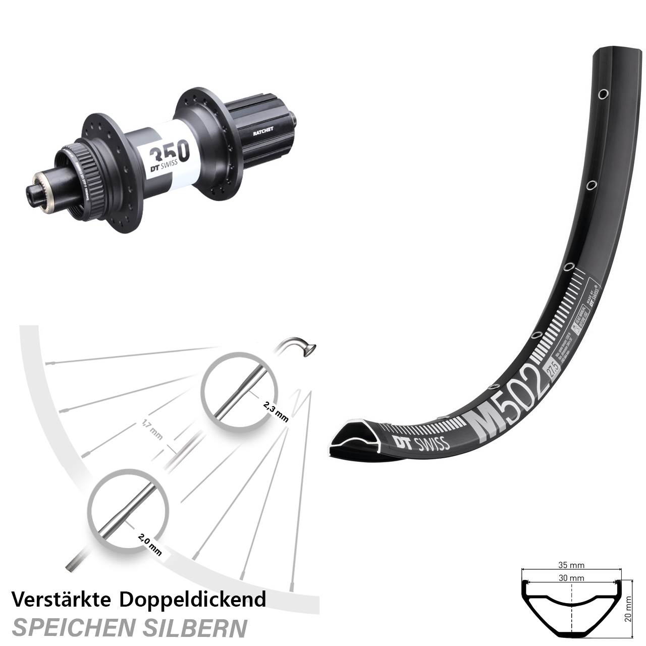 Hinterrad für Schnellspanner 29 Zoll DT Swiss M502-350 Ratchet 36 8-11 fach HG