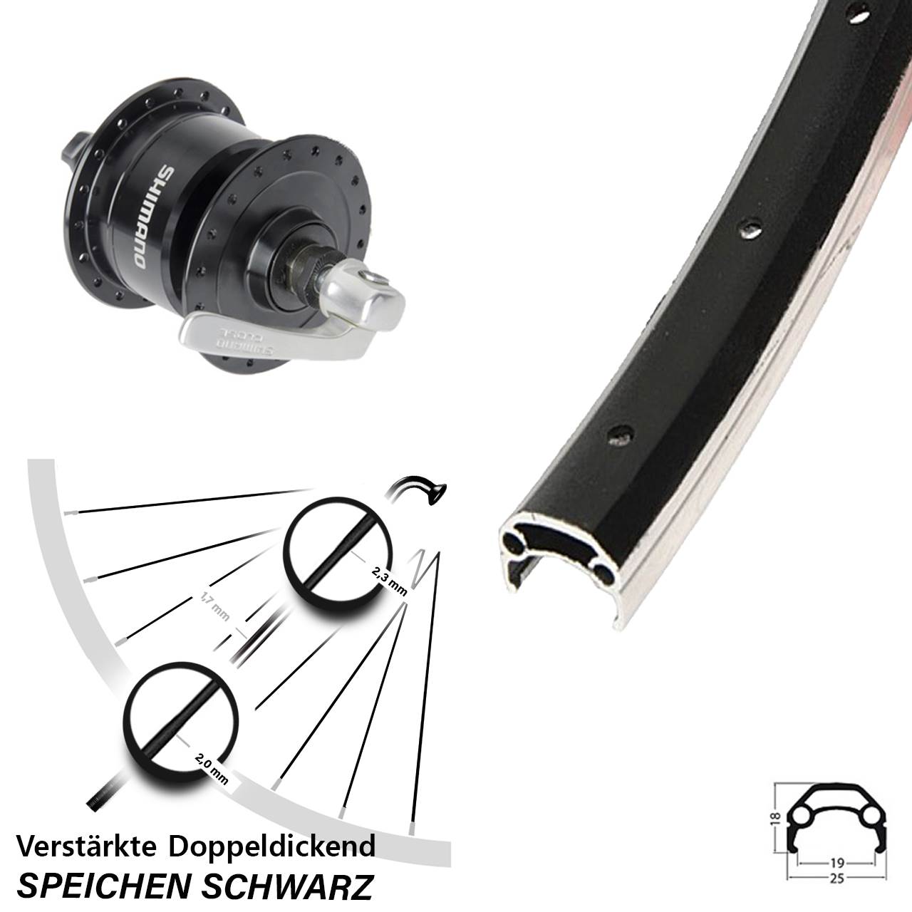 Schürmann YAK 19 Shimano DH3N72 20 Zoll Nabendynamovorderrad für Schnellspanner