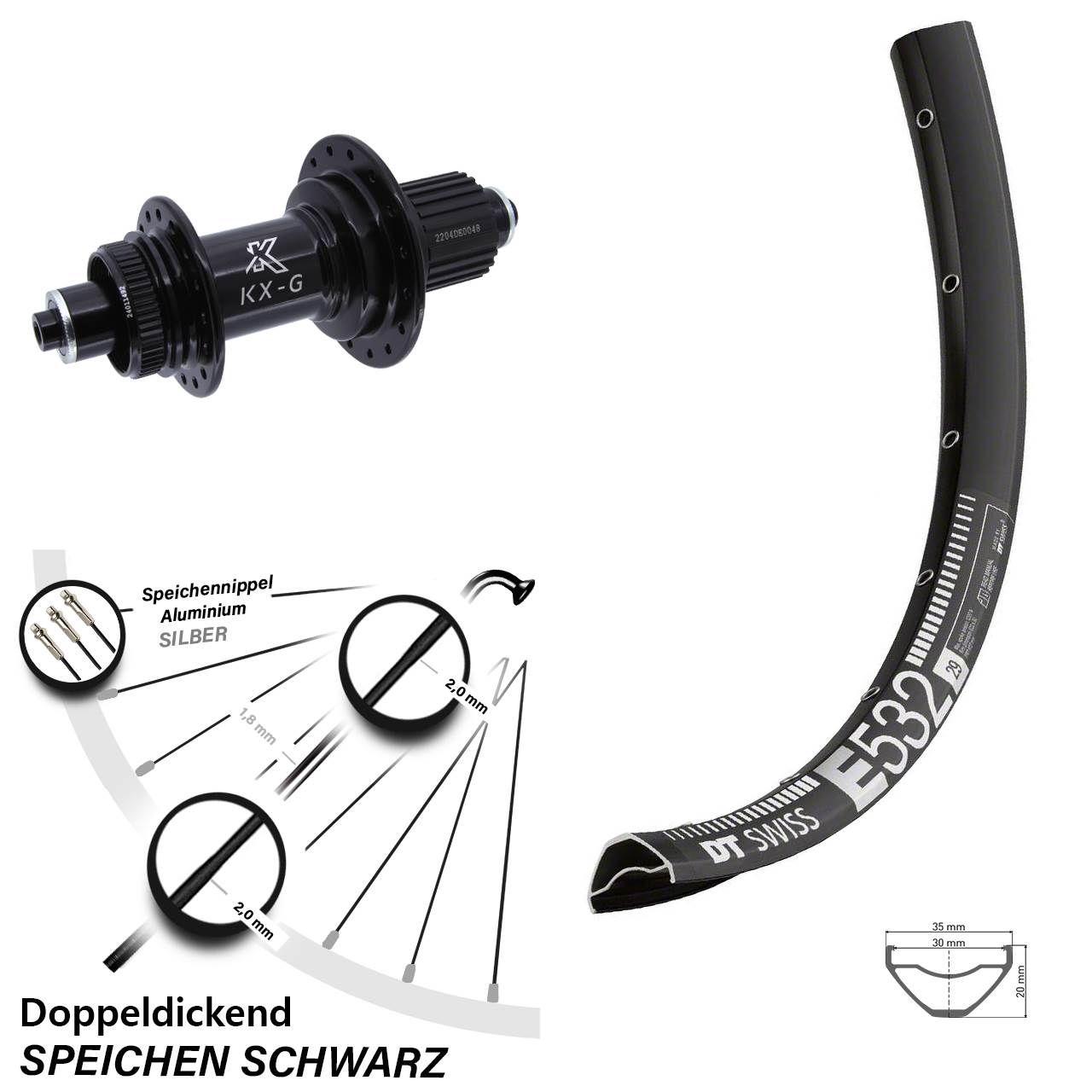 29 Zoll Hinterrad DT Swiss E 532 Disc KX-GS Centerlock Micro Spline schwarz