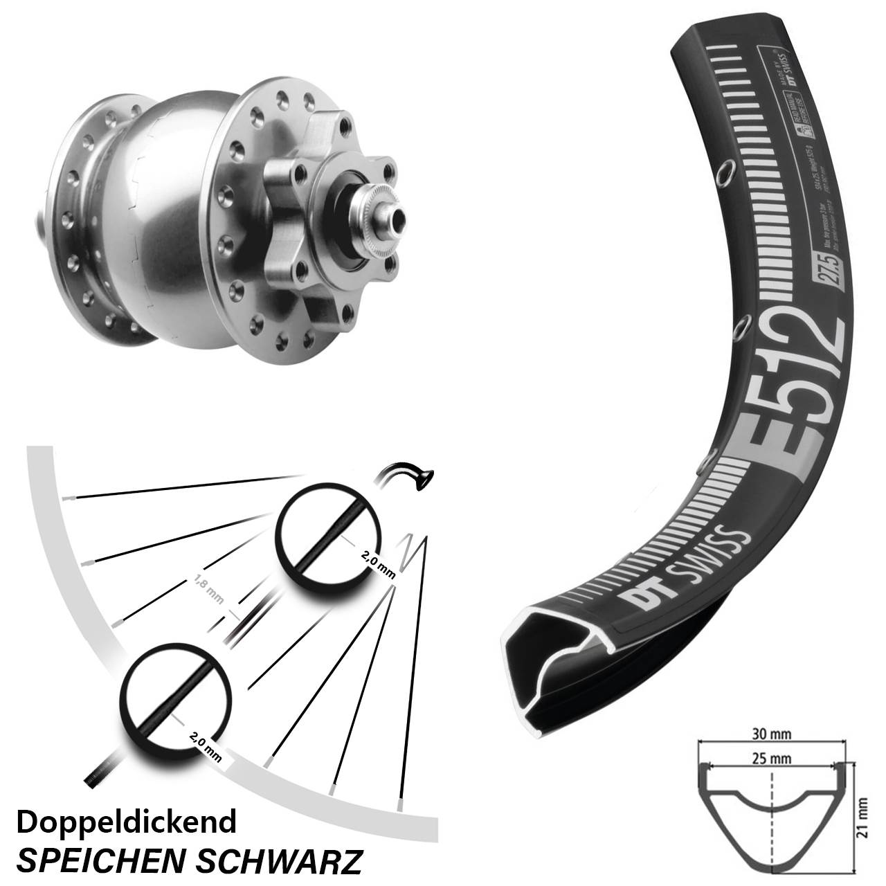 DT Swiss E 512 SON 28 silbern 29 Zoll Dynamo-Vorderrad 6-Loch QR
