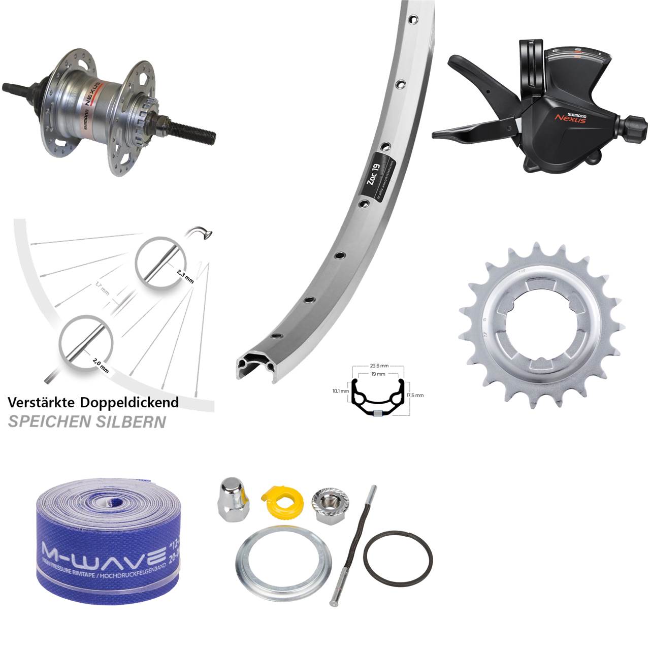 26 Zoll Hinterrad Shimano Nexus 3 Gang für Rollenbremse Ryde Zac19 silbern
