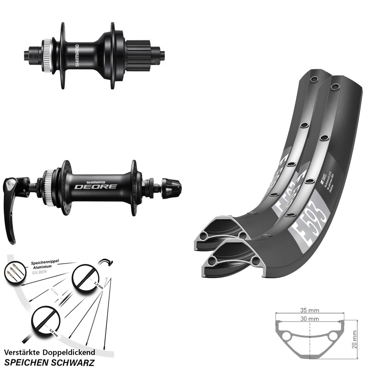 29 Zoll DT Swiss E 593 Shimano FH-MT500 HB-M6000 Laufradsatz Centerlock QR Micro Spline