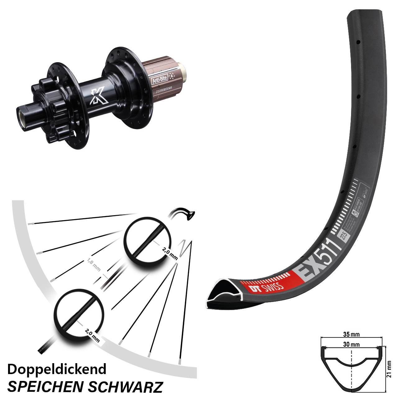 27,5 Zoll DT Swiss EX 511 Hinterrad KX-M 8-12 fach 12x142