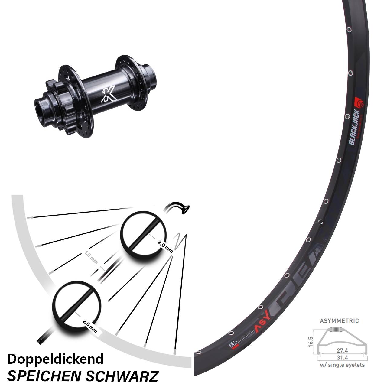 27,5 Zoll Vorderrad KX-M 20x110 mm 6-loch Rodi Ready 27 MTB DH
