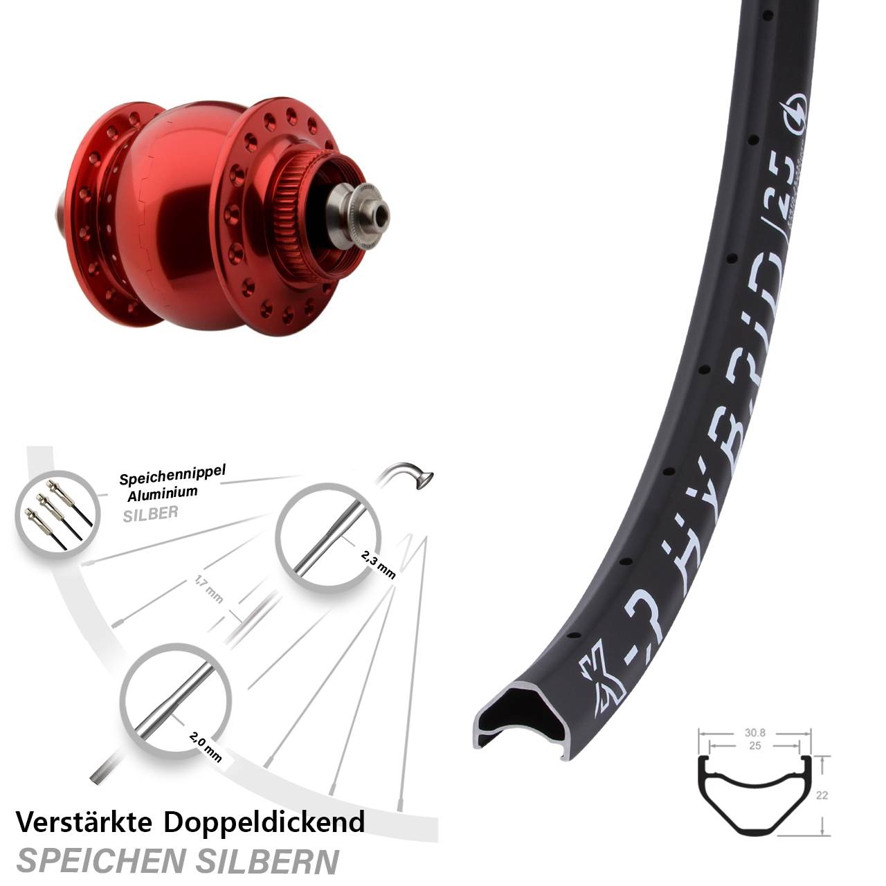 Centerlock Dynamo-Vorderrad QR 27,5 Zoll KX-R Hybrid 25 SON 28 rot