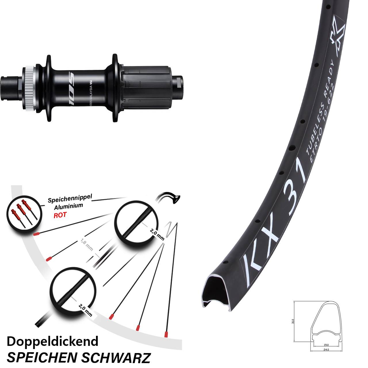 28 Zoll 31 Hinterrad Shimano 105 12x142