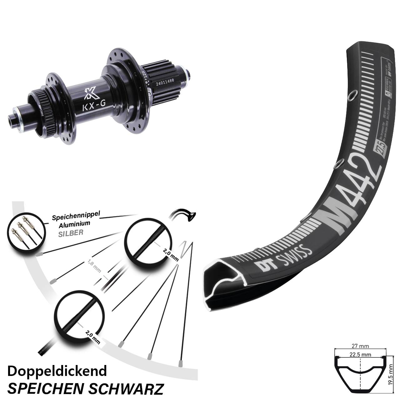 28 Zoll DT Swiss M 442 Hinterrad KX-G Micro Spline